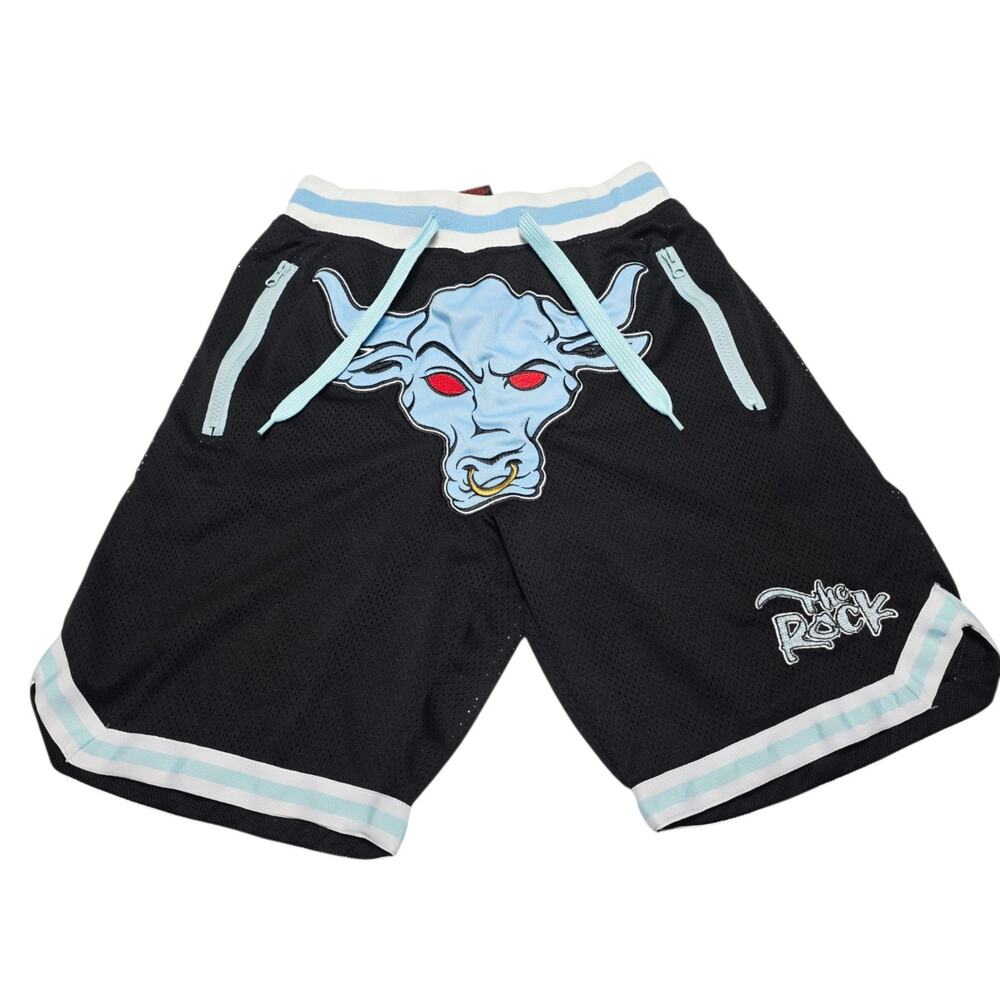 WWE The Rock Black Mesh Shorts Men’s Small The People’s Champ Brahma Bull